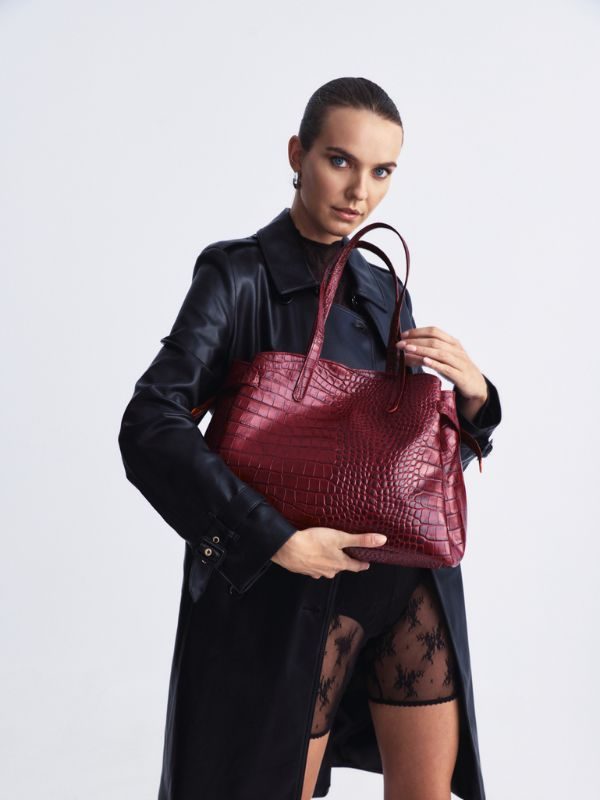 Lorene Croco Leather Shopper Bag - Burgundy | Leather Twist