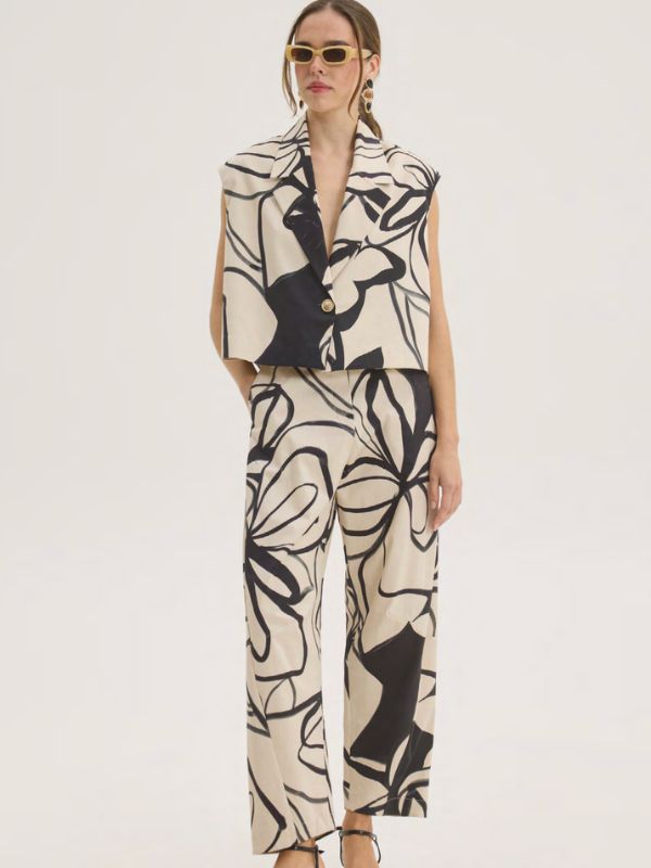 Σετ Σακάκι Αμάνικο & barrel παντελόνι με Print | Εκρού-Μαύρο | Innocent