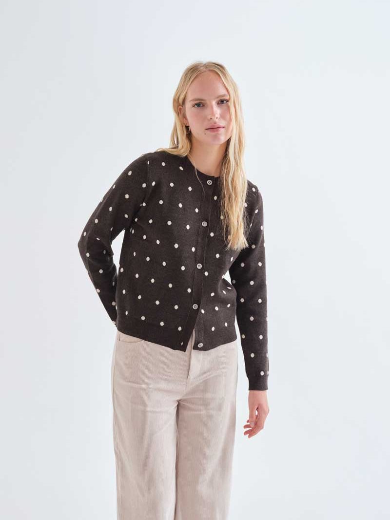 Green cardigan with small white polka dots | Compañía Fantástica