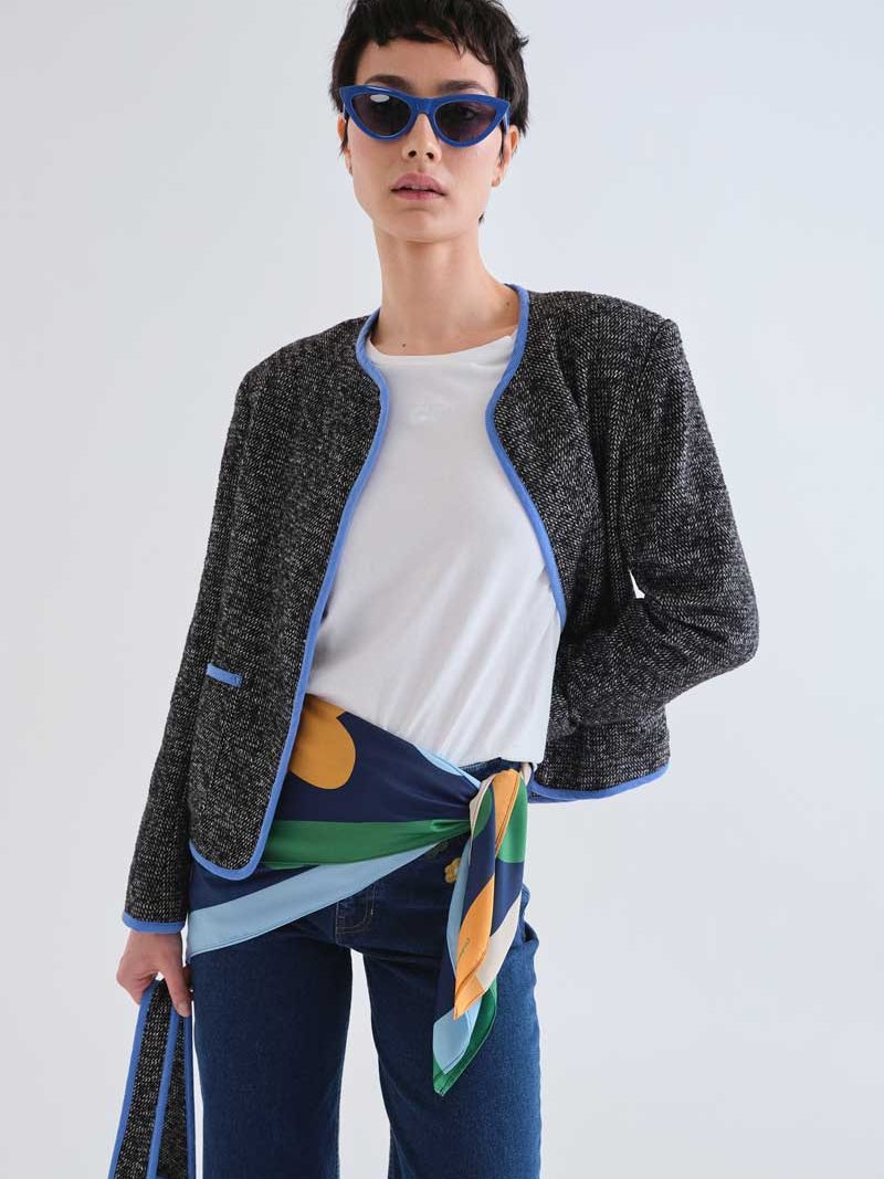 Grey tweed jacket with light blue details | Compañía Fantástica