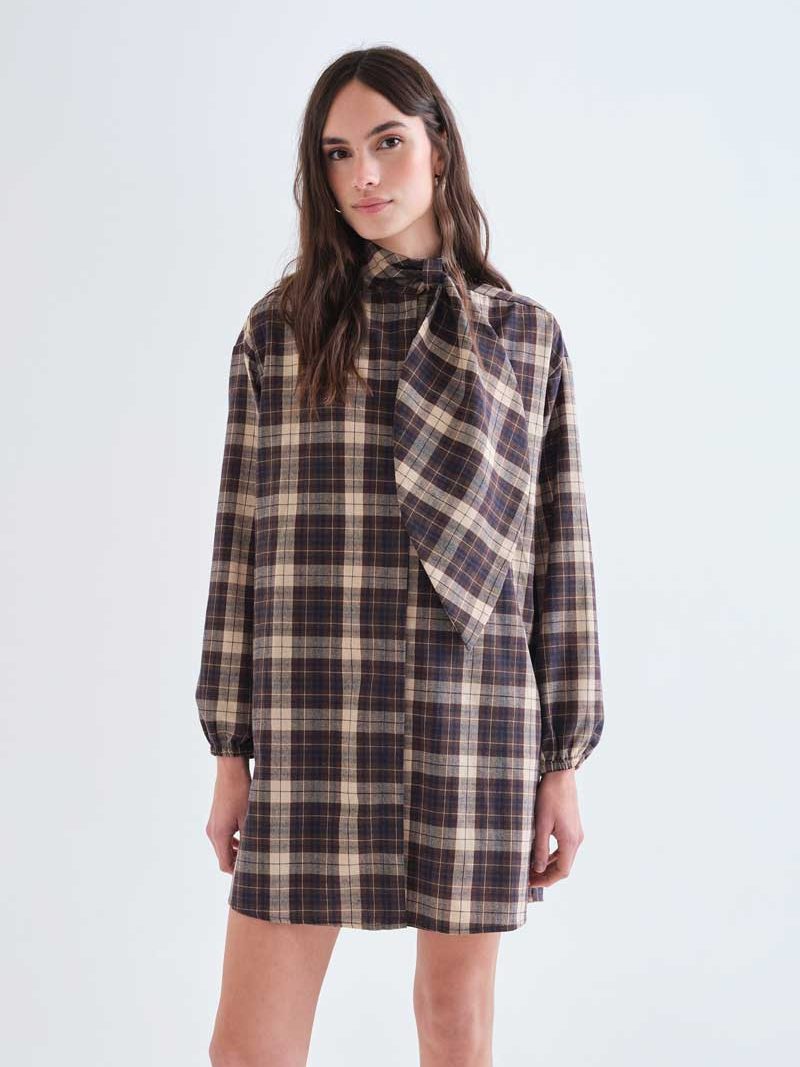 Short dress with brown plaid print | Compañía Fantástica