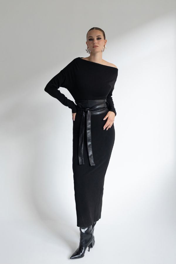 Midi Dress with Belt | Black | Cache Cache