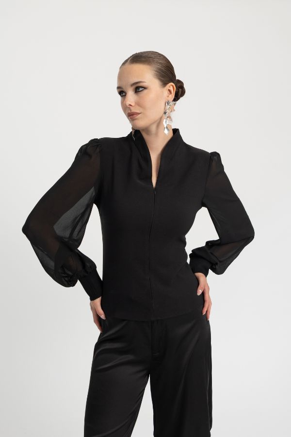 Blouse with Sheer Sleeves | Cache Cache