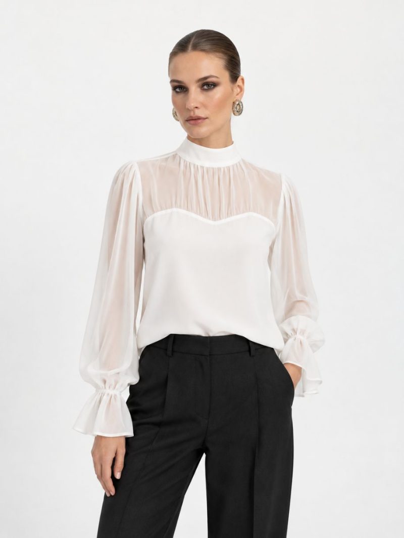 Sheer Sleeve Blouse | White | Cache Cache